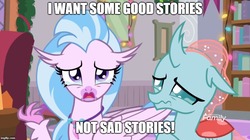 Size: 888x499 | Tagged: safe, screencap, ocellus, silverstream, changedling, changeling, classical hippogriff, hippogriff, g4, the hearth's warming club, caption, discovery family, discovery family logo, female, i want some x not y, image macro, imgflip, logo, meme, text