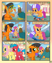 Size: 900x1080 | Tagged: safe, artist:lister-of-smeg, fluttershy, scootaloo, oc, oc:crosspatch, oc:lazybug, oc:scavenger (lister-of-smeg), cockatrice, earth pony, pony, comic:crystal heart attack, g4, bipedal, bottle, colt, comic, female, male, mare, scooter