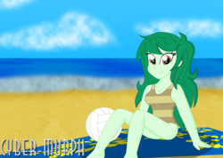 Size: 4192x2992 | Tagged: safe, artist:cyber-murph, wallflower blush, equestria girls, equestria girls series, forgotten friendship, g4, beach, blanket, breasts, busty wallflower blush, cleavage, clothes, cute, flowerbetes, freckles, looking at you, one-piece swimsuit, sand, signature, sitting, sports, swimsuit, volleyball