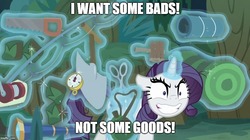 Size: 888x499 | Tagged: safe, edit, edited screencap, screencap, mean rarity, rarity, pony, unicorn, g4, the mean 6, clone, deranged, evil smile, female, glowing horn, greedity, grin, horn, i want some x not y, image macro, magic, magic aura, mare, meme, rarisnap, smiling, solo, telekinesis