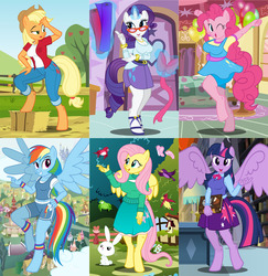 Size: 1188x1224 | Tagged: safe, artist:flash equestria photography, angel bunny, applejack, fluttershy, pinkie pie, rainbow dash, rarity, twilight sparkle, alicorn, bird, earth pony, pegasus, rabbit, unicorn, anthro, unguligrade anthro, apple, apple tree, big breasts, book, bookshelf, bracelet, breasts, busty applejack, busty fluttershy, busty pinkie pie, busty rarity, busty twilight sparkle, clothes, compression shorts, cowboy hat, cute, equestria girls outfit, female, food, glasses, hat, hay, hay bale, high heels, jewelry, looking at you, magic, mane six, one eye closed, open mouth, pants, pleated skirt, ponyville, sandals, shirt, shoes, shorts, show accurate, skirt, sky, smiling, stetson, sweater, sweatershy, tree, twilight sparkle (alicorn), wristband