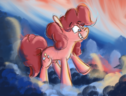 Size: 1280x972 | Tagged: safe, pinkie pie, earth pony, pony, g4, cloud, cloudy, female, jumping, mare, sky, smiling, solo