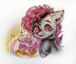 Size: 3671x3120 | Tagged: safe, artist:sunshine, oc, oc only, oc:candy quartz, bat pony, pony, :p, bell, bell collar, cake, collar, cute, ear piercing, fangs, female, floppy ears, fluffy, food, high res, mare, pencil drawing, piercing, silly, solo, sparkles, tongue out, traditional art, unshorn fetlocks, wing piercing