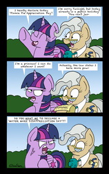 Size: 2012x3192 | Tagged: safe, artist:bobthedalek, mayor mare, twilight sparkle, alicorn, earth pony, pony, g4, yakity-sax, abuse of power, angry, comic, duo, eyes closed, female, glasses, high res, mare, menacing, misspelling, note, open mouth, paper, quiet, scroll, sky, twilight sparkle (alicorn), tyrant sparkle, vein, vein bulge