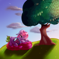 Size: 2000x2000 | Tagged: safe, artist:symphstudio, idw, radiant hope, oc, oc:drop flier, pony, unicorn, g4, baby, baby pony, female, high res, mare, prone, tree