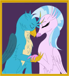 Size: 1964x2187 | Tagged: safe, artist:a humble water filter salesman, gallus, silverstream, classical hippogriff, griffon, hippogriff, g4, cute, diastreamies, digital art, eyes closed, female, gallabetes, holding hands, love, male, purple background, ship:gallstream, shipping, simple background, smiling, straight