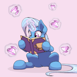 Size: 600x600 | Tagged: safe, artist:ohemo, artist:szafir87, trixie, pony, unicorn, g4, animated, book, circling teacups, cup, cute, diatrixes, female, gif, glowing horn, horn, magic, mare, pink background, reading, simple background, sitting, solo, szafir87 is trying to murder us, teacup, telekinesis, that pony sure does love teacups