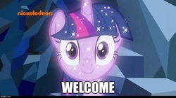 Size: 888x499 | Tagged: safe, edit, edited screencap, screencap, tree of harmony, pony, g4, what lies beneath, female, greeting, horn, image macro, implied twilight sparkle, mare, meme, smiling, solo, sparkles, treelight sparkle, welcome