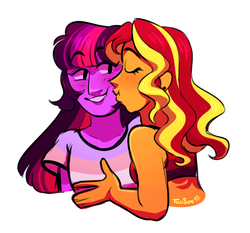 Size: 511x477 | Tagged: safe, artist:twisun, sunset shimmer, twilight sparkle, equestria girls, g4, alternate clothes, cheek kiss, eyes closed, female, kissing, lesbian, ship:sunsetsparkle, shipping