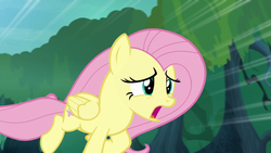 Size: 1280x720 | Tagged: safe, screencap, fluttershy, pegasus, pony, g4, yakity-sax, female, frown, mare, open mouth, raised hoof, running, solo, speed lines, worried