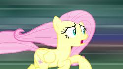 Size: 1280x720 | Tagged: safe, screencap, fluttershy, pegasus, pony, g4, yakity-sax, female, mare, open mouth, running, solo, speed lines