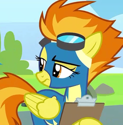 Size: 1133x1155 | Tagged: safe, screencap, spitfire, pegasus, pony, g4, newbie dash, clipboard, clothes, cropped, female, frown, goggles, mare, solo, uniform, wonderbolts, wonderbolts uniform