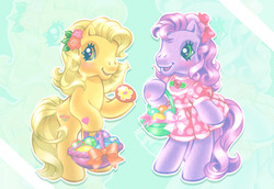 Size: 1116x767 | Tagged: safe, artist:lyn fletcher, butterscotch (g3), wysteria, earth pony, pony, g3, official, basket, bipedal, blushing, bow, clothes, cute, dress, duo, easter, easter basket, easter egg, egg, female, food, g3betes, hair bow, heart, heart eyes, holiday, hoof heart, mare, pink dress, puffy sleeves, scan, wingding eyes