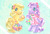 Size: 1116x767 | Tagged: safe, artist:lyn fletcher, butterscotch (g3), wysteria, earth pony, pony, g3, official, basket, bipedal, blushing, bow, clothes, cute, dress, duo, duo female, easter, easter basket, easter egg, egg, female, g3betes, hair bow, heart, heart eyes, holiday, hoof heart, mare, pink dress, puffy sleeves, scan, wingding eyes