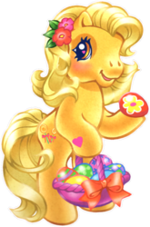 Size: 536x810 | Tagged: safe, artist:lyn fletcher, edit, butterscotch (g3), earth pony, pony, g3, official, basket, bipedal, blushing, easter, easter basket, easter egg, egg, female, flower, flower in hair, food, heart, heart eyes, holding, holiday, hoof heart, mare, scan, simple background, smiling, solo, transparent background, white outline, wingding eyes