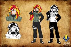 Size: 6600x4377 | Tagged: dead source, safe, artist:penspark, sunset shimmer, equestria girls, g4, 2016, absurd resolution, anime, clothes, crossover, female, human coloration, kunoichi, looking at you, monochrome, naruto, sandals, smiling, solo