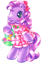 Size: 533x810 | Tagged: safe, artist:lyn fletcher, edit, wysteria, earth pony, pony, g3, official, basket, bipedal, blushing, bow, clothes, cute, dress, easter, easter basket, easter egg, egg, female, food, g3betes, hair bow, heart, heart eyes, holiday, hoof heart, mare, pink dress, puffy sleeves, scan, simple background, smiling, solo, transparent background, wingding eyes