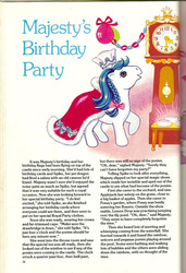 Size: 684x1002 | Tagged: safe, majesty, pony, g1, official, balloon, clock, female, majesty's birthday party, scan, solo, story