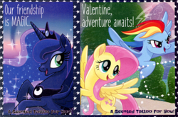 Size: 540x356 | Tagged: safe, fluttershy, princess luna, rainbow dash, g4, my little pony: the movie, official, holiday, scan, shipping fuel, valentine, valentine's day, valentine's day card