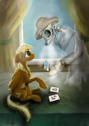 Size: 752x1063 | Tagged: safe, artist:ibelieveicanfly88, oc, oc:blackjack, oc:dealer, oc:threnody, ghost, pegasus, pony, fallout equestria, fallout equestria: project horizons, fallout equestria: speak, bed, bone, card, clothes, fanfic art, hallucination, skeleton