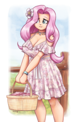 Size: 1034x1600 | Tagged: safe, artist:king-kakapo, fluttershy, human, g4, basket, beautiful, breasts, busty fluttershy, cleavage, clothes, cute, dress, female, flower, flower in hair, humanized, picnic basket, shyabetes, simple background, smiling, solo, transparent background