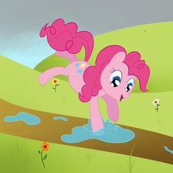 Size: 1280x1280 | Tagged: safe, artist:nitei, pinkie pie, earth pony, pony, g4, cloud, dirt road, female, flower, grass, jumping, open mouth, open smile, path, playing, puddle, smiling, solo, splash, stormcloud