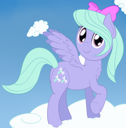 Size: 1065x1083 | Tagged: safe, artist:nitei, flitter, pegasus, pony, g4, bow, chest fluff, cloud, looking at you, raised hoof, smiling, spread wings, standing, wings
