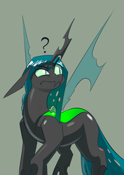 Size: 2480x3508 | Tagged: safe, artist:underpable, queen chrysalis, changeling, changeling queen, g4, confused, female, gray background, high res, question mark, simple background, solo