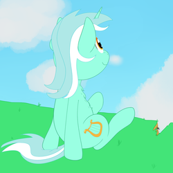 Size: 1250x1250 | Tagged: safe, artist:nitei, lyra heartstrings, pony, unicorn, g4, cloud, female, grass, looking up, sitting, sky, smiling, solo