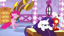 Size: 1280x720 | Tagged: safe, screencap, pinkie pie, rarity, g4, yakity-sax, yovidaphone