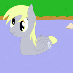Size: 1000x1000 | Tagged: safe, artist:nitei, derpy hooves, pegasus, pony, g4, bread, female, floating, food, grass, pegaduck, pond, ripples, silly, silly pony, smiling, solo