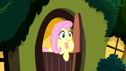 Size: 1280x720 | Tagged: safe, screencap, fluttershy, pegasus, pony, g4, yakity-sax, female, fluttershy's cottage, mare, open mouth, raised hoof, solo