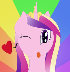 Size: 950x975 | Tagged: safe, artist:nitei, princess cadance, alicorn, pony, g4, bust, crown, female, floating heart, heart, jewelry, looking at you, one eye closed, portrait, rainbow background, regalia, smiling, solo, tongue out, wink, winking at you