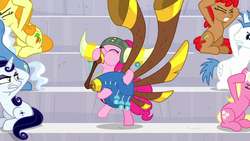 Size: 1280x720 | Tagged: safe, screencap, carrot top, cherry spices, golden harvest, lily, lily valley, moonlight raven, orion, pinkie pie, pokey pierce, shooting star (character), earth pony, pony, unicorn, g4, yakity-sax, background pony, female, helmet, honorary yak horns, horned helmet, male, mare, musical instrument, stallion, viking helmet, yovidaphone