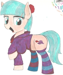 Size: 1952x2288 | Tagged: safe, artist:taurson, coco pommel, earth pony, pony, g4, clothes, female, open mouth, raised hoof, simple background, socks, solo, striped socks, traditional art, white background