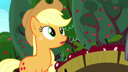 Size: 1280x720 | Tagged: safe, screencap, applejack, earth pony, pony, g4, yakity-sax, apple, female, food, freckles, mare, open mouth, solo