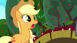 Size: 1280x720 | Tagged: safe, screencap, applejack, earth pony, pony, g4, yakity-sax, apple, female, food, mare, open mouth, solo