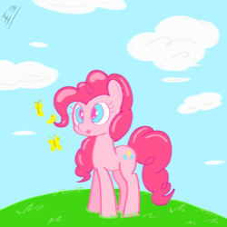 Size: 3066x3066 | Tagged: safe, artist:fork, pinkie pie, butterfly, insect, pony, g4, cloud, cute, female, grass, high res, looking at something, meadow, pink, sky, solo