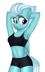 Size: 679x1080 | Tagged: safe, artist:rinteen, fleetfoot, pegasus, anthro, g4, arm behind head, armpits, belly button, clothes, female, midriff, shorts, simple background, solo, sports bra, white background