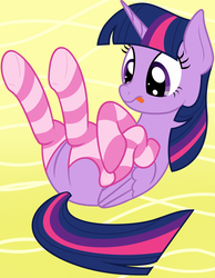Size: 1550x2000 | Tagged: safe, artist:nitei, twilight sparkle, alicorn, pony, g4, abstract background, clothes, cute, dressing, female, on back, show accurate, socks, solo, striped socks, tongue out, twilight sparkle (alicorn), underhoof