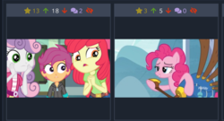 Size: 1178x637 | Tagged: safe, apple bloom, pinkie pie, scootaloo, sweetie belle, derpibooru, equestria girls, g4, happily ever after party, my little pony equestria girls: better together, yakity-sax, cutie mark crusaders, juxtaposition, meta