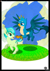 Size: 3508x4961 | Tagged: safe, artist:edonovaillustrator, gallus, sandbar, earth pony, griffon, pony, g4, beak, chest fluff, cutie mark, duo, flying, lineless, looking at each other, looking back, male, open mouth, paws, smiling, wings
