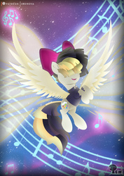 Size: 3508x4961 | Tagged: safe, artist:edonovaillustrator, songbird serenade, pegasus, pony, g4, my little pony: the movie, bow, clothes, female, flying, hair bow, lineless, mare, music notes, open mouth, patreon, patreon logo, smiling, solo