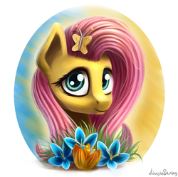 Size: 2110x2104 | Tagged: safe, artist:adagiostring, fluttershy, pony, g4, bust, female, flower, high res, looking at you, mare, solo