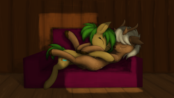 Size: 1600x902 | Tagged: safe, artist:deerdraw, oc, oc:deeraw, oc:oasis, deer, deer pony, earth pony, original species, pony, antlers, commission, couch, cuddling, eyes closed, female, freckles, male, smiling, straight