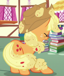 Size: 408x478 | Tagged: safe, screencap, applejack, earth pony, pony, g4, yakity-sax, book, cropped, female, freckles, mare, solo