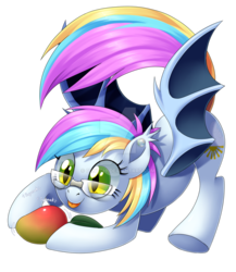 Size: 1024x1178 | Tagged: safe, artist:centchi, oc, oc only, oc:eclaircie clearing, bat pony, pony, bat pony oc, deviantart watermark, female, food, glasses, mango, mare, rainbow hair, simple background, solo, transparent background, watermark