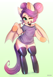 Size: 2894x4185 | Tagged: safe, artist:yukomaussi, oc, oc only, oc:yuko, bat pony, pony, clothes, one eye closed, panties, shirt, solo, standing, stockings, thigh highs, underwear, wings