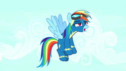 Size: 1280x720 | Tagged: safe, screencap, rainbow dash, pegasus, pony, g4, yakity-sax, clothes, female, goggles, mare, open mouth, solo, spread wings, uniform, wings, wonderbolts uniform
