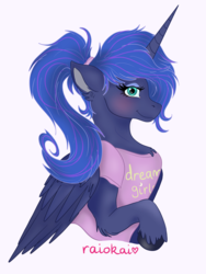 Size: 2328x3096 | Tagged: safe, artist:raiokai, princess luna, alicorn, pony, g4, clothes, female, high res, mare, ponytail, shirt, simple background, solo